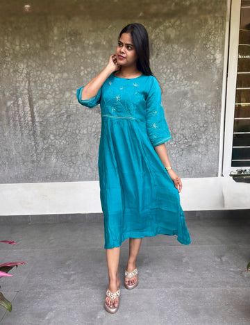 Malay Silk Floral Embroidered Midi Dress - Rama Green