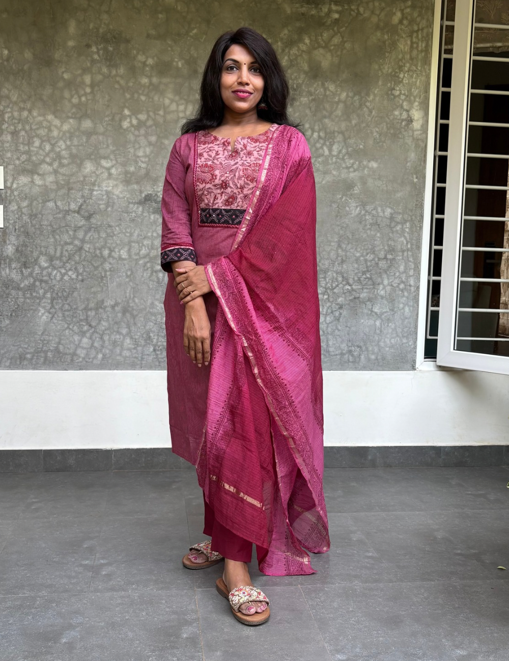 Kalamkari patch worked  soft cotton kurta set - Pink