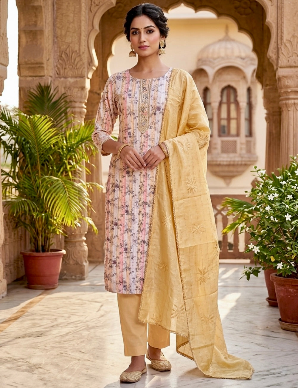 Floral Printed Slub Cotton Unstitched Salwar - Off White