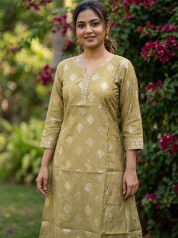 Gold Foil Printed Muslin Silk Straight Cut Kurta - Gold