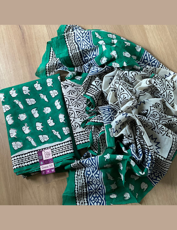 Elephant Printed Cotton Unstitched Salwar - Emerald Green