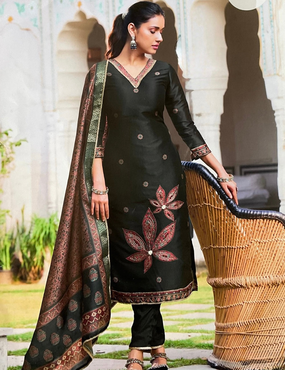 Soft Cotton Silk Designer Semi Stitched Salwar with Ajrakh PatchWork - Black