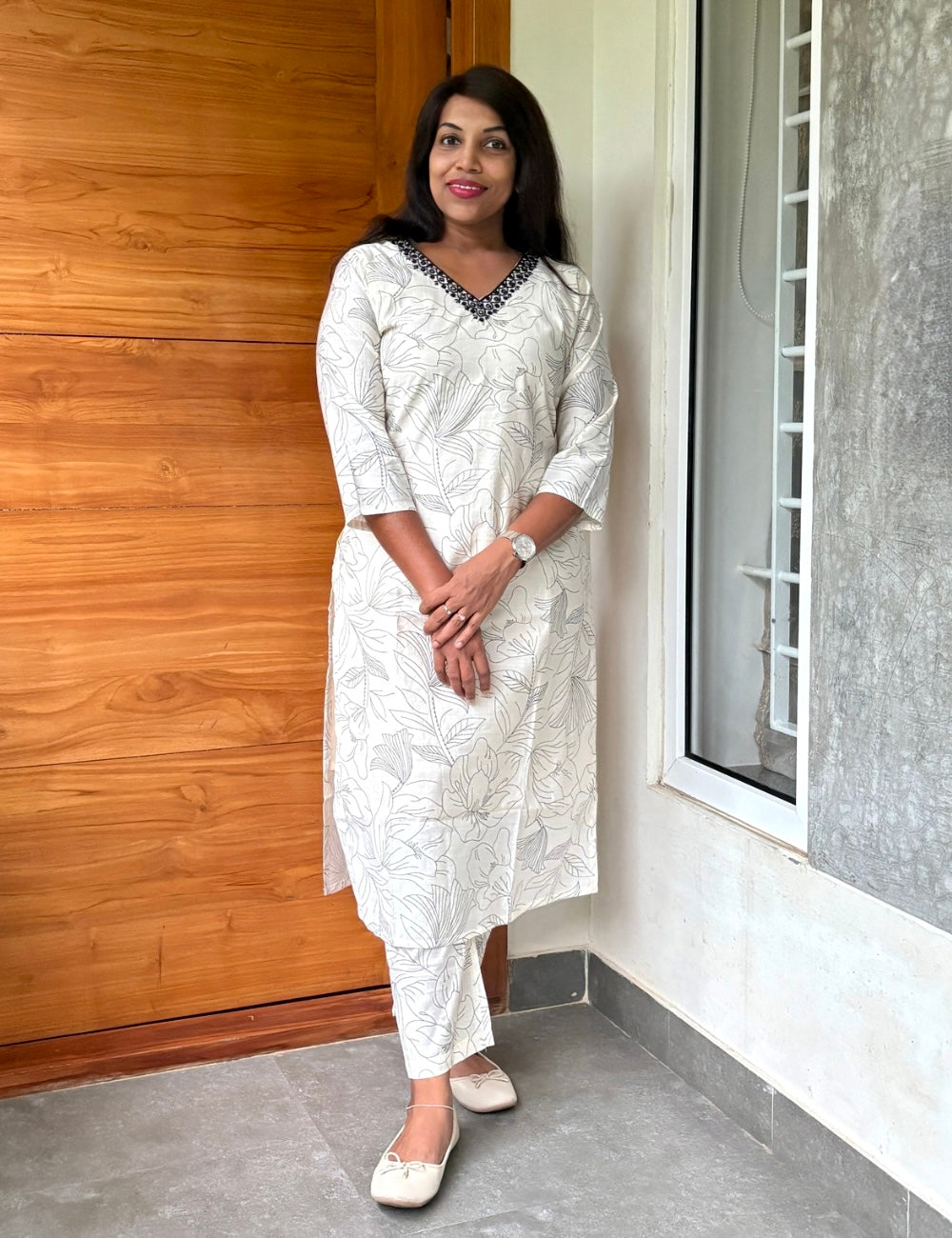 Cotton Silk Pearl Worked Casual Kurta Set - White