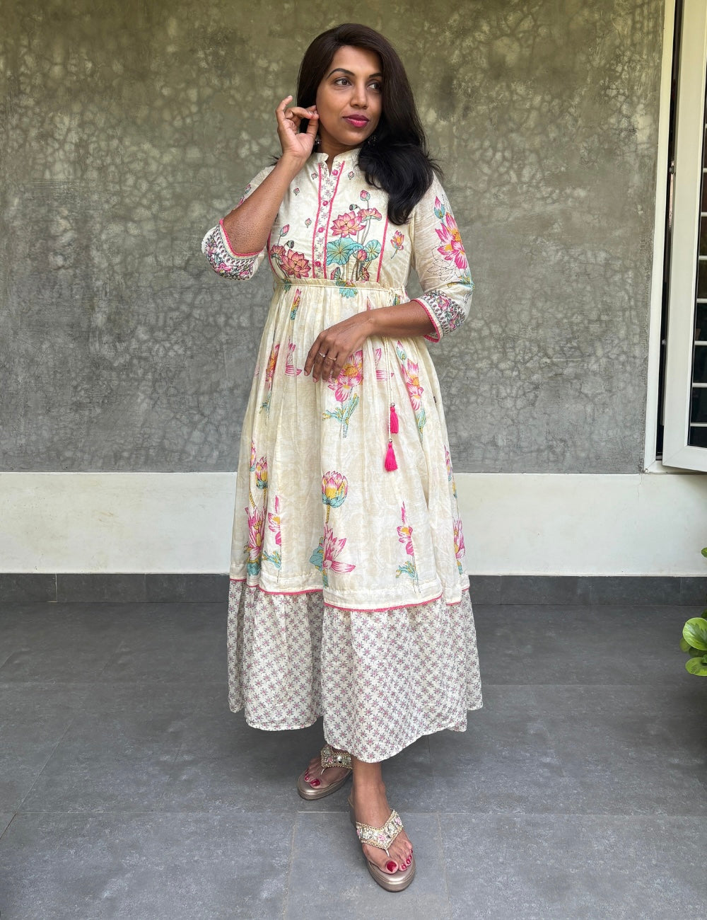Floral Printed Cotton Designer Maxi - Off White