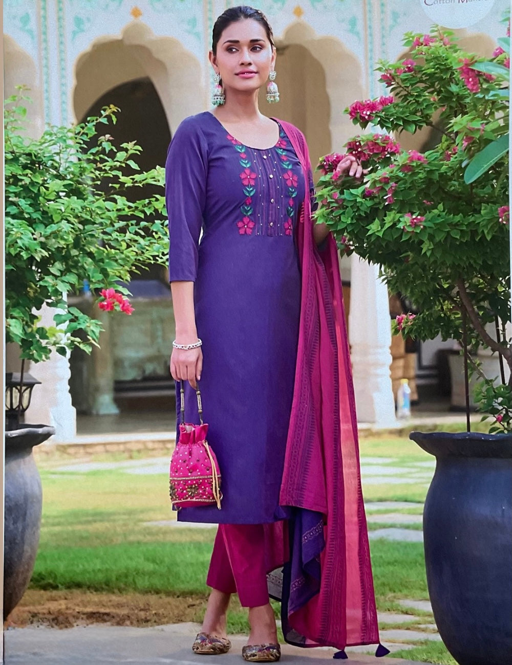 Cotton Floral Embroidered Designer Unstitched Salwar - Purple