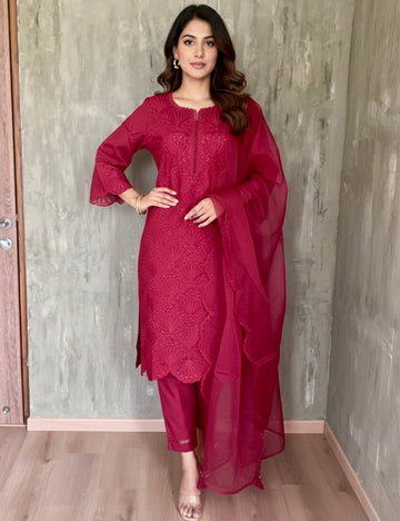 Chikankari Worked Chanderi Silk Designer Kurta Set - Maroon