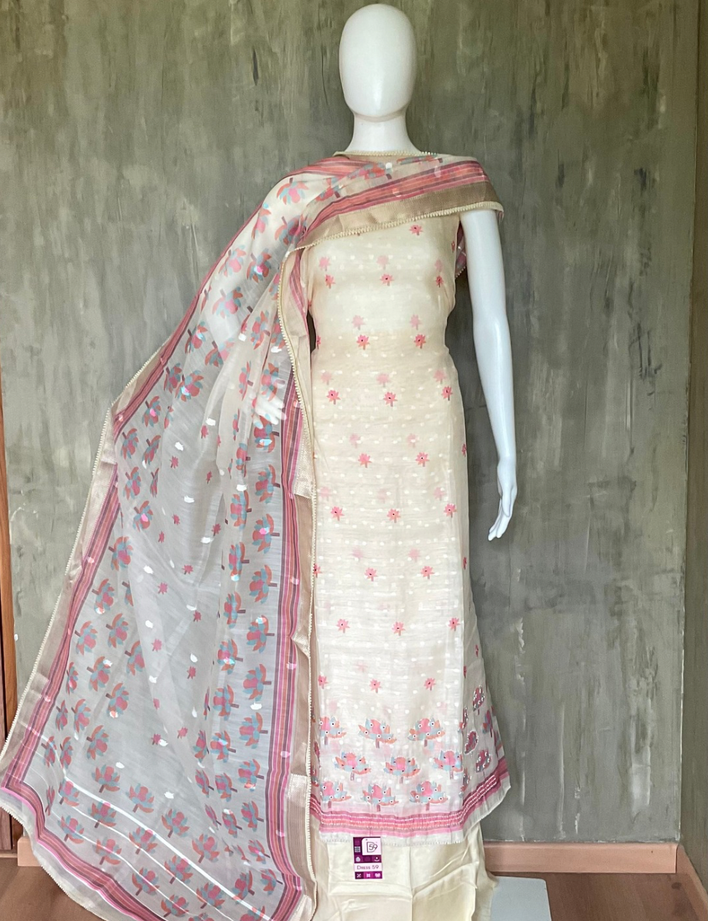 Jamdhani Silk Designer Unstitched Salwar with Pearl Work - Off White