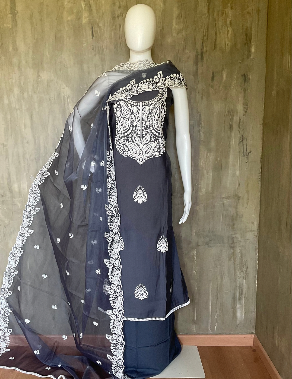 Muslin Silk Designer Unstitched Salwar with Thread Embroidery - Grey