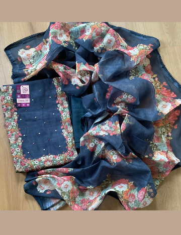 Floral Printed Linen Cotton Designer Unstitched salwar - Dark Blue