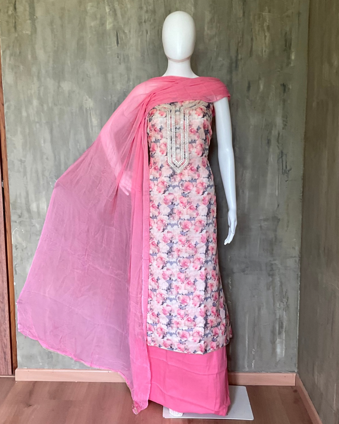 Floral Printed Linen Cotton Designer Unstitched Salwar - Pink