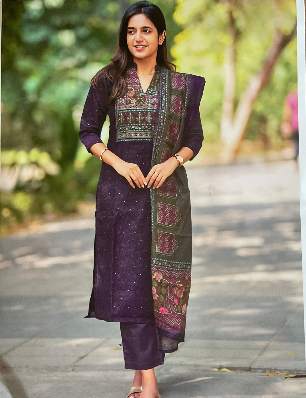 Chanderi Silk Ethnic Printed Designer Unstitched Salwar - Dark Purple