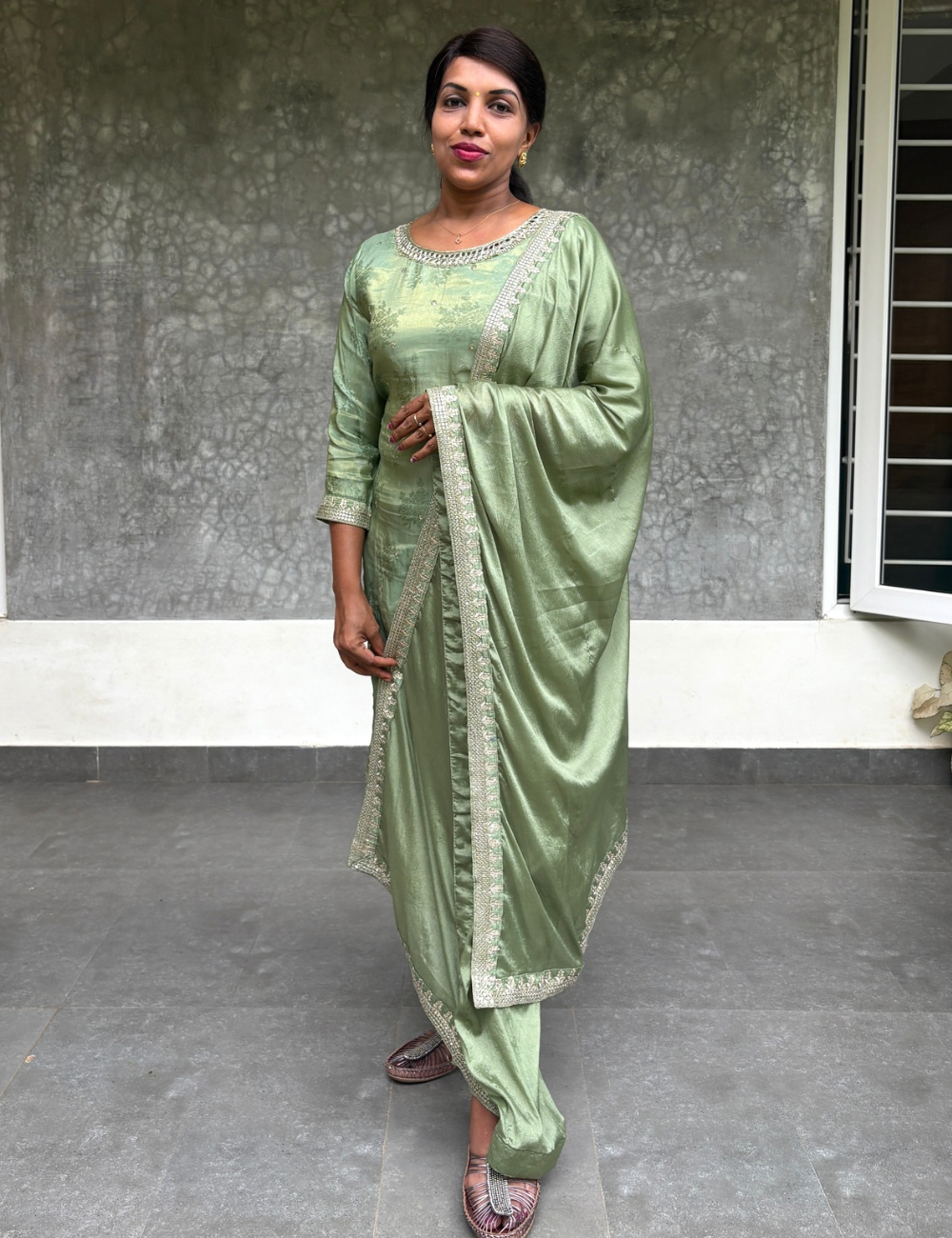 Shimmer Silk Mirror Work Designer Kurta Set - Pastel Green