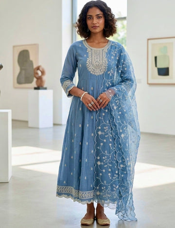 Shimmer Silk Designer Embellished Kurta Set with Organza Dupatta - Denim Blue
