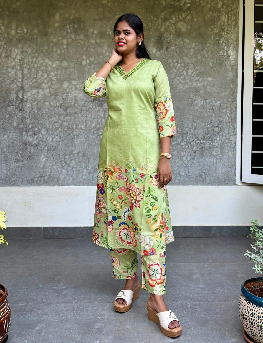 Soft Cotton Silk Floral Printed Kurta Set - Light Green