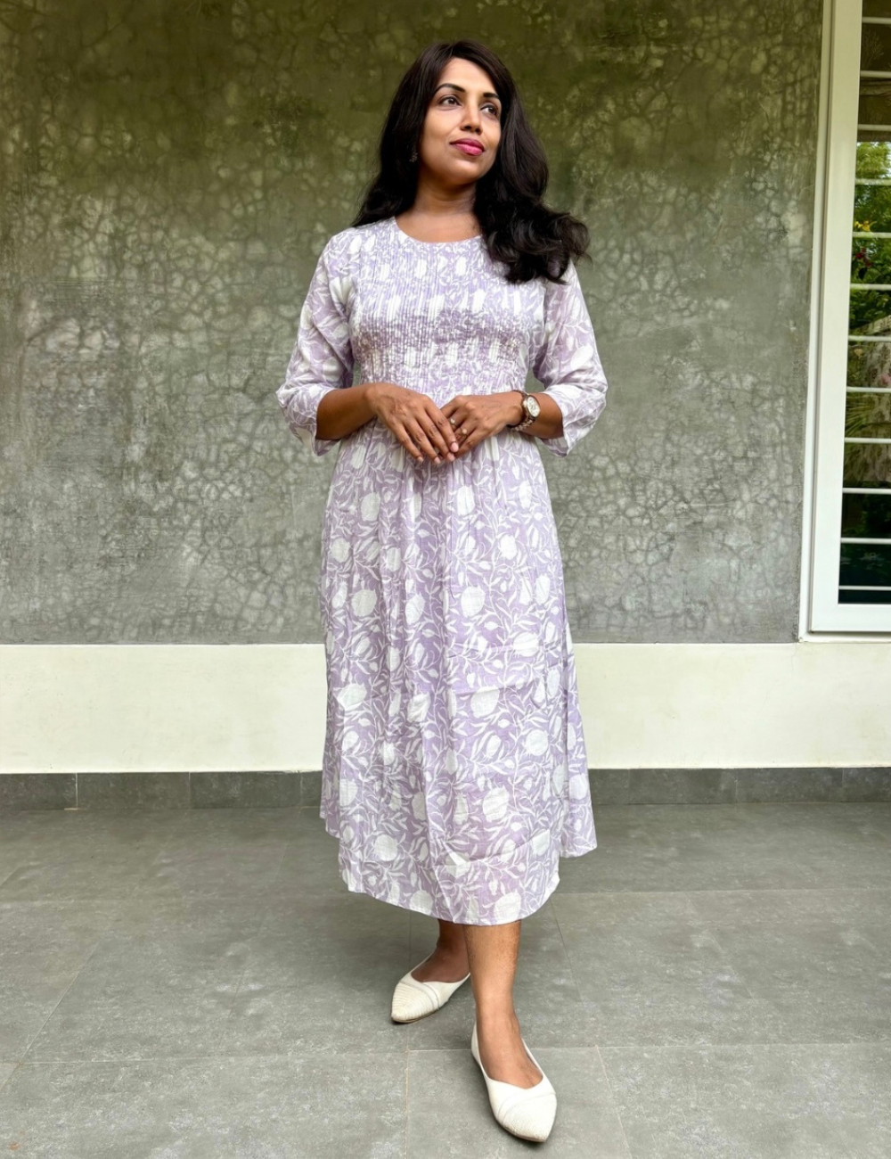 Mul Mul Cotton Midi Style Dress - Purple