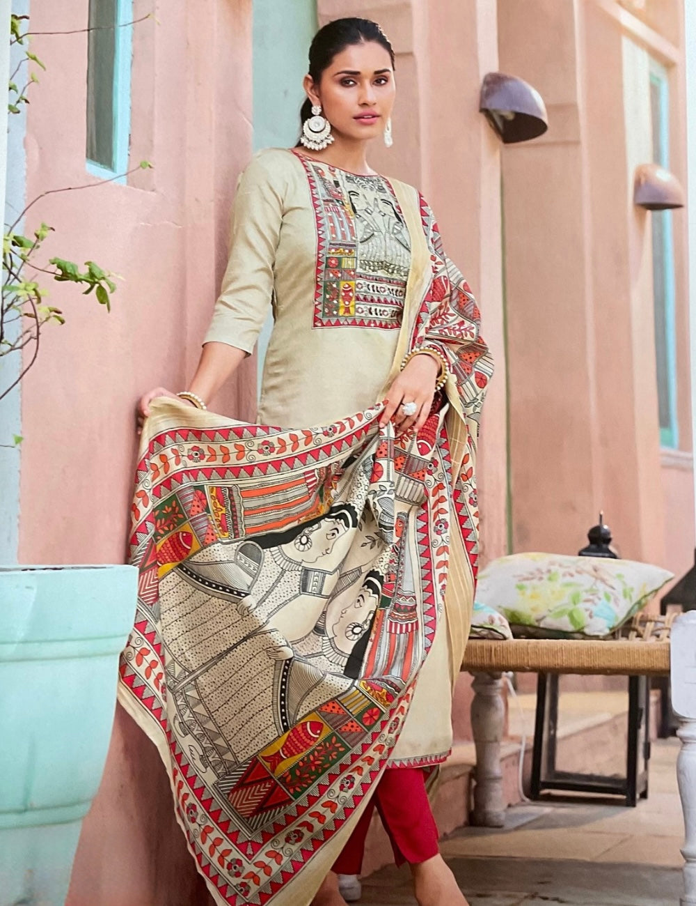 Ethnic Printed Muslin Silk Designer Unstitched Salwar - Off White