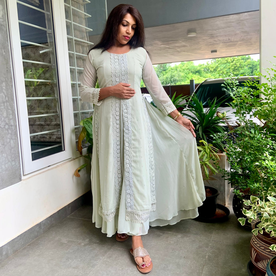 Chiffon Full Flaired Layered Designer Maxi - Pastel Green