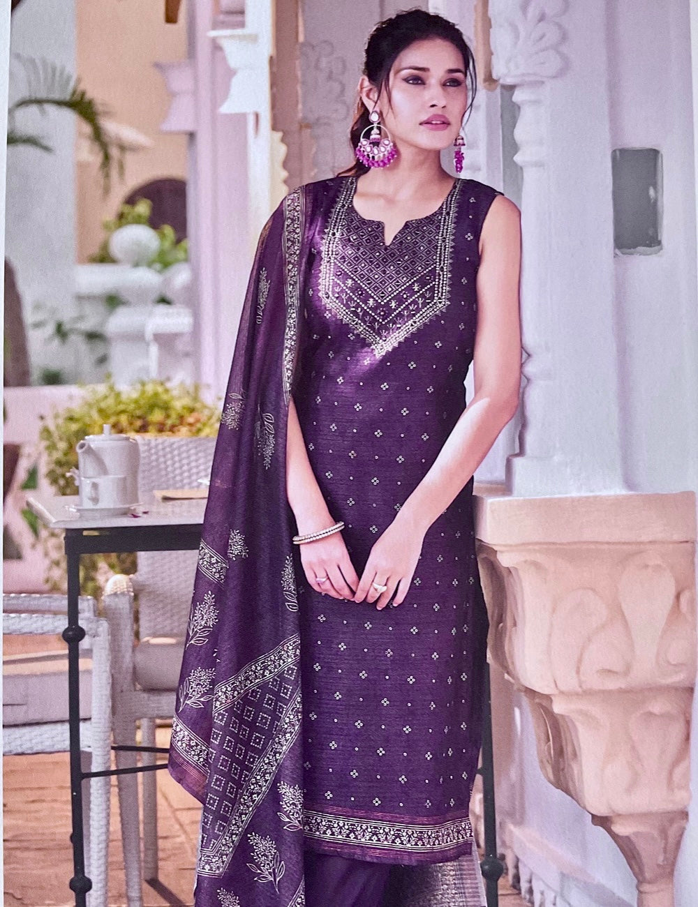 Jute Silk Designer Unstitched Salwar with Ethnic Prints - Dark Purple