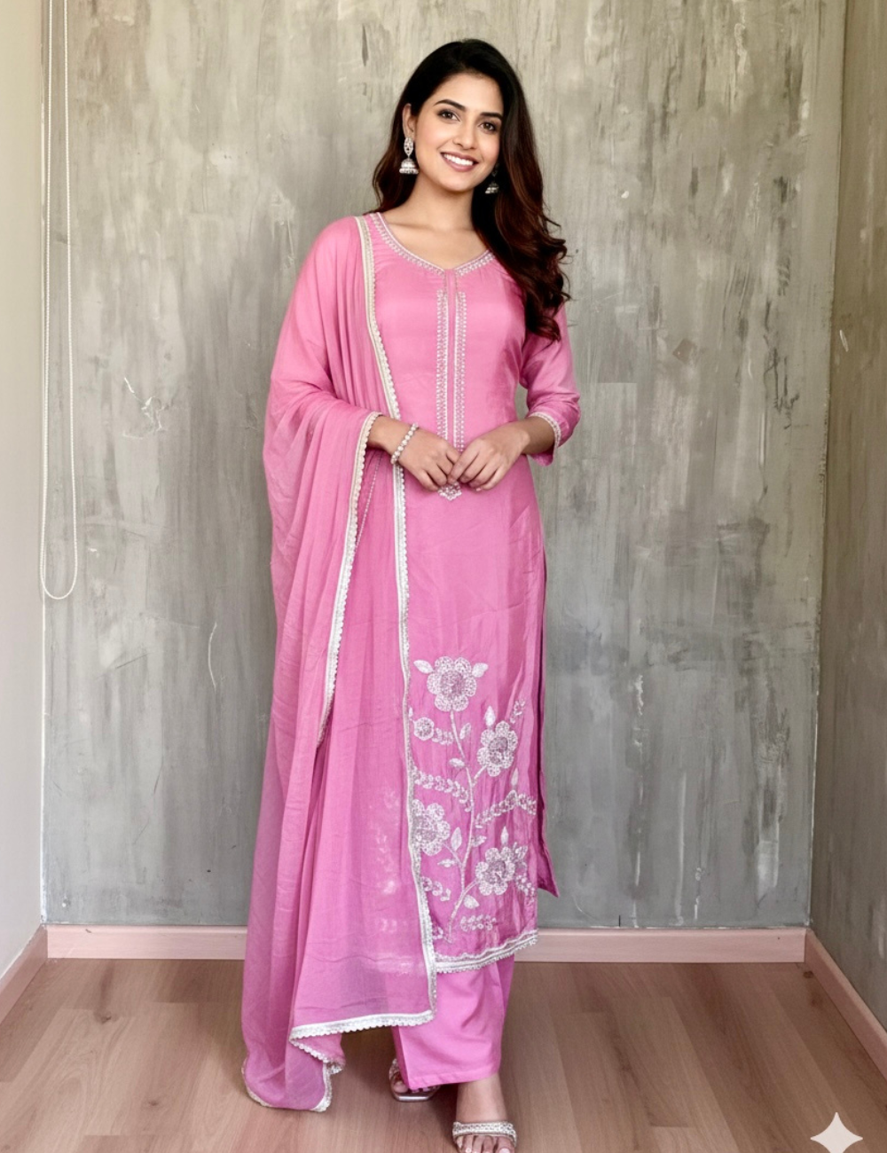 Shimmer Muslin Designer Unstitched Salwar with Heavy Work - Pink