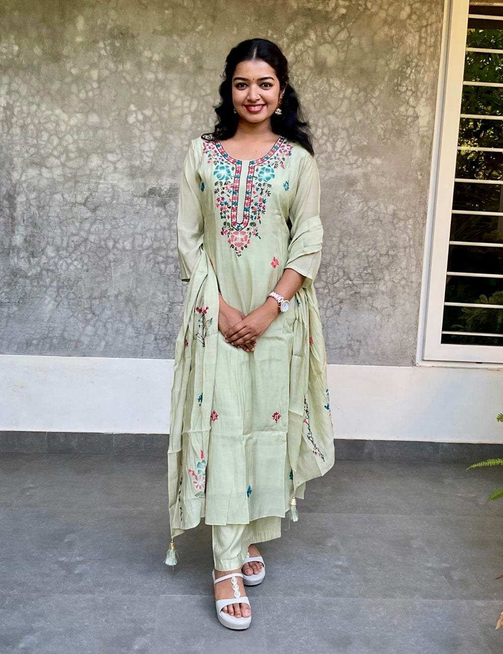 Muslin Silk A-line Designer Kurta Set - Pista Green