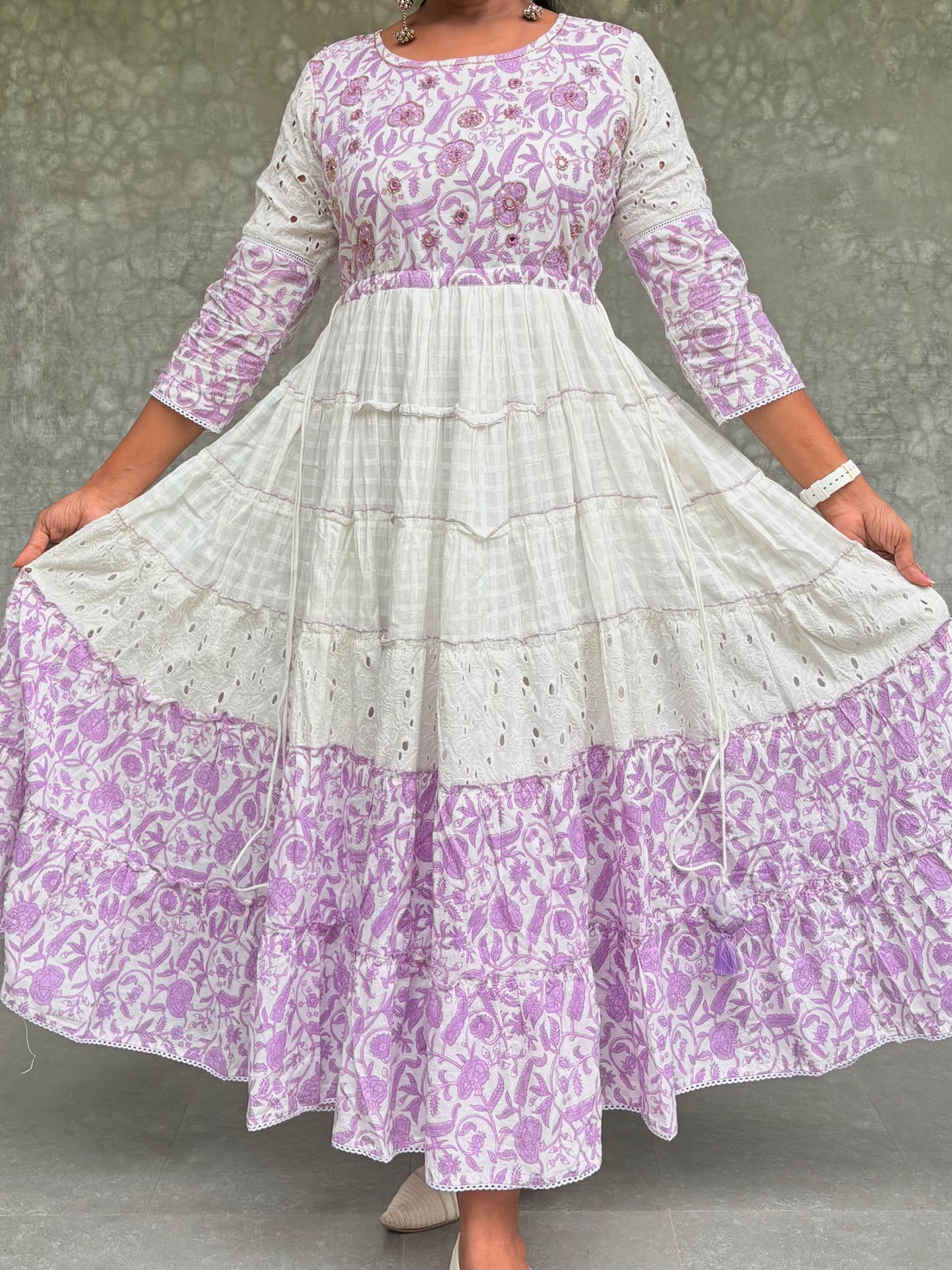 Cotton Layered Designer Midi Style Maxi Dress - White