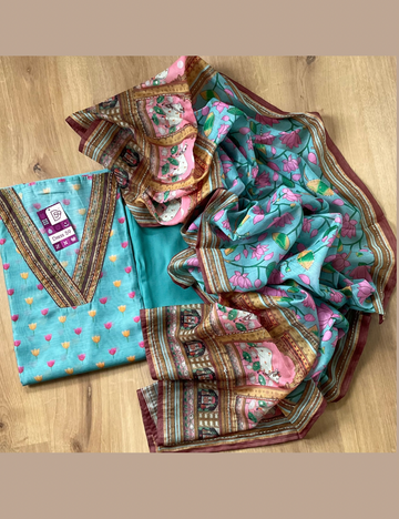 Chanderi Silk Designer Unstitched Salwar with Pitchwai Prints - Blue