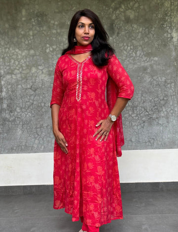 Mul Mul Cotton A-line Printed Kurta Set - Red