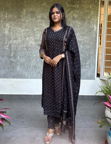 Muslin Silk Ajrakh Printed Designer Kurta Set - Black