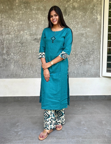 Budget Friendly Cotton Casual Wear Kurta set with Ikat Bottom - Teal Blue