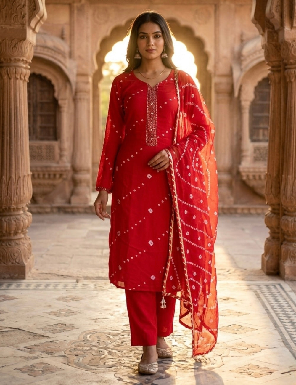 Bandhini Printed Muslin Silk Designer Unstitched Salwar with Gota Lace - Red