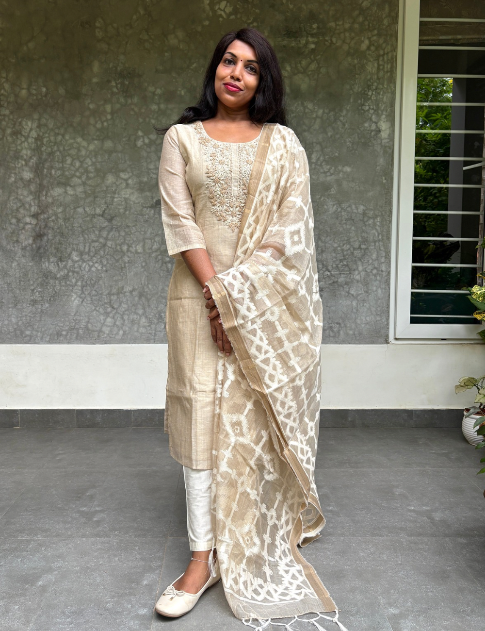 Khadhi Cotton Designer Kurta Set with Jamdhani Dupatta- Beige