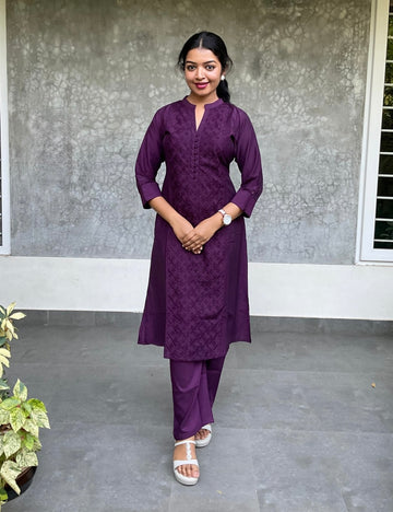 Soft Cotton Silk Kurta Set with Hakoba Detailing – Wine Purple