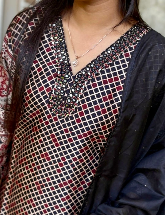 Gajji Silk Printed Designer Kurta Set with Ajrakh Prints - Black