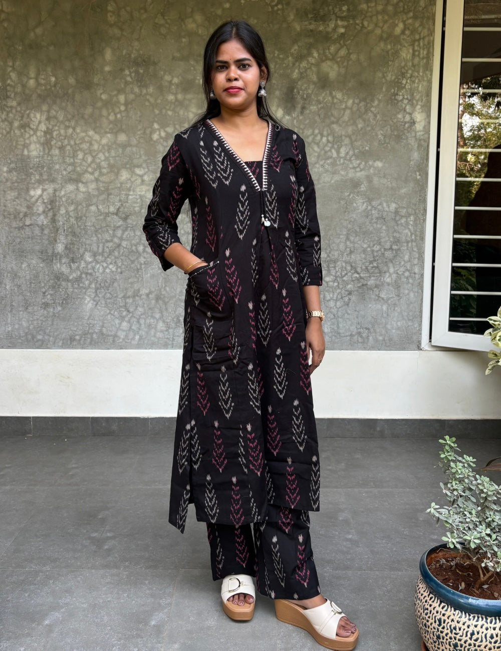 Ikat Cotton Aline Kurta Set - Black