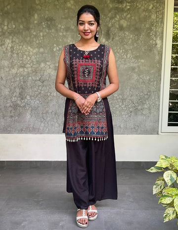 Ethnic Printed Roman Silk Designer Kurta Set with Side Detailing- Black