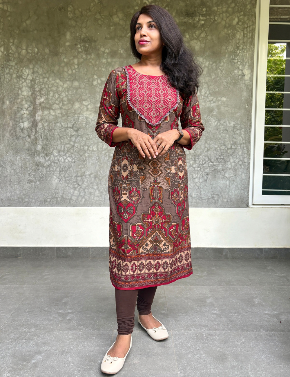 Muslin Silk Ethnic Printed Straight Cut Kurta - Maroon