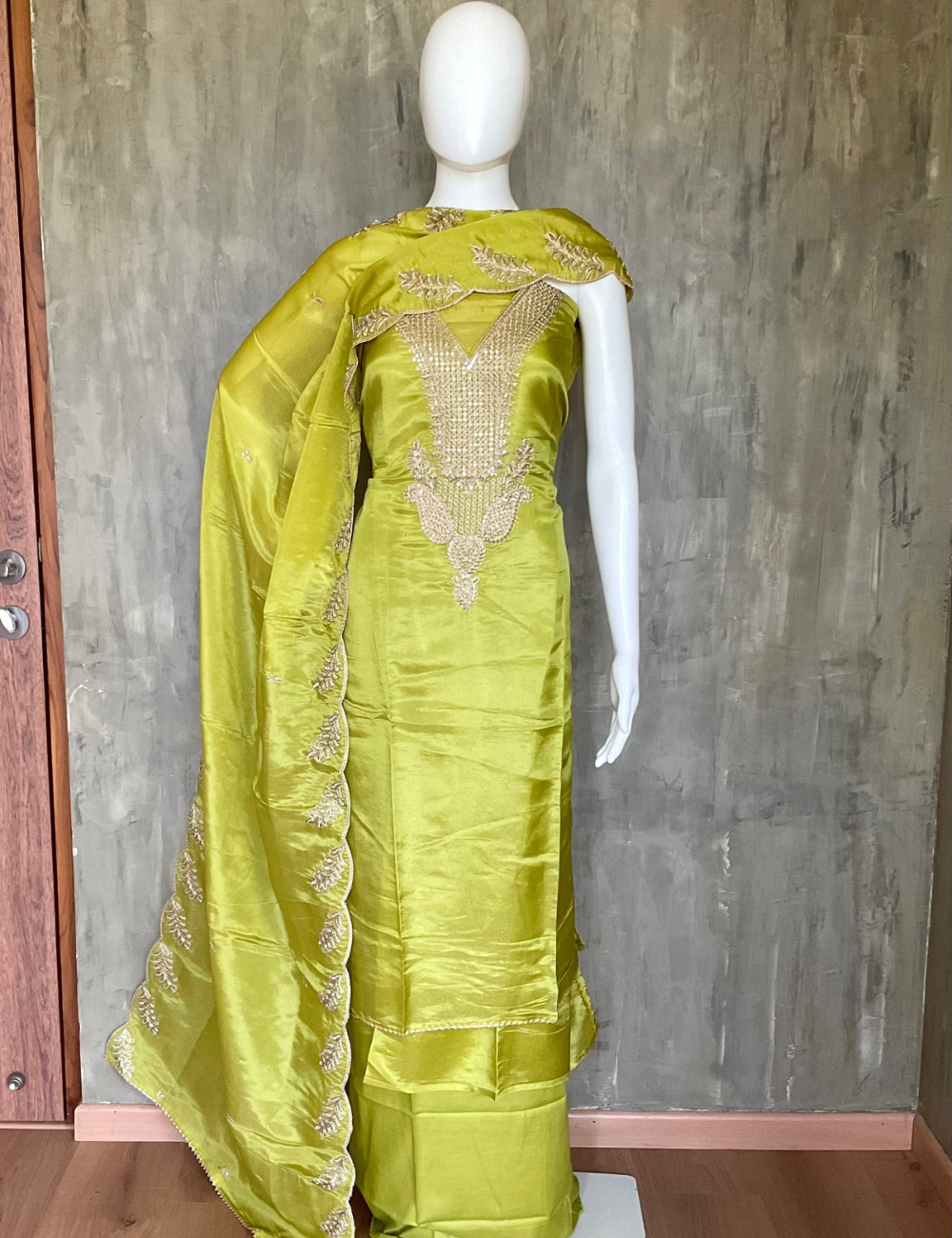 Shimmer Silk Embellished Designer Unstitched Salwar - Leaf Green
