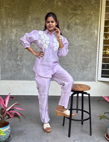 Muslin Silk Embellished Designer Coord Set - Lavender