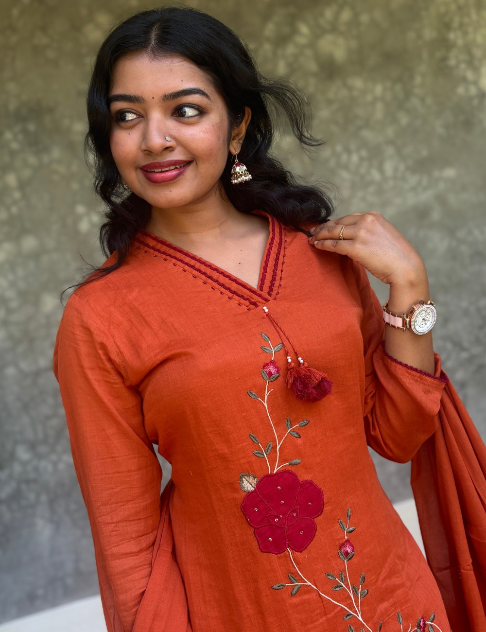 Mul Mul Cotton Floral Embroidered Kurta Set - Rust Orange