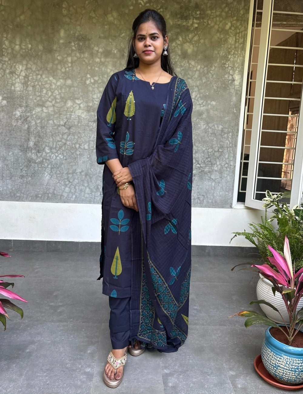 Leaf Printed Embroidered Cotton Kurta Set - Dark Blue