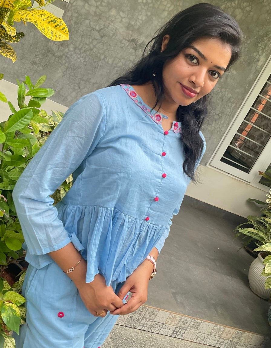 Floral Embroidered Mul Cotton Coord Set - Light Blue