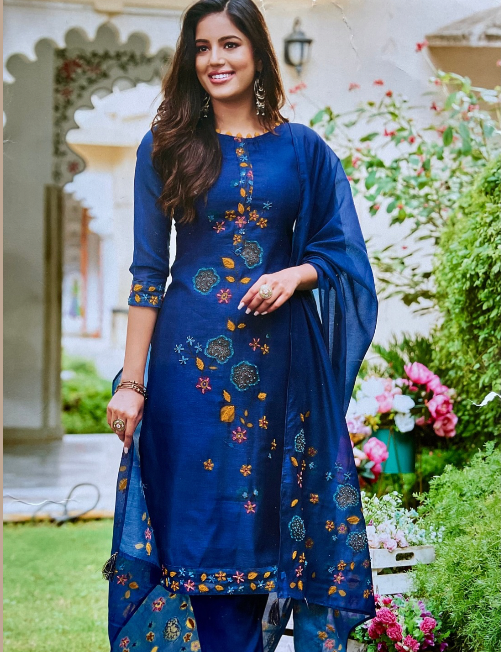 Chanderi Silk French Knotted Designer Unstitched Salwar - Royal Blue