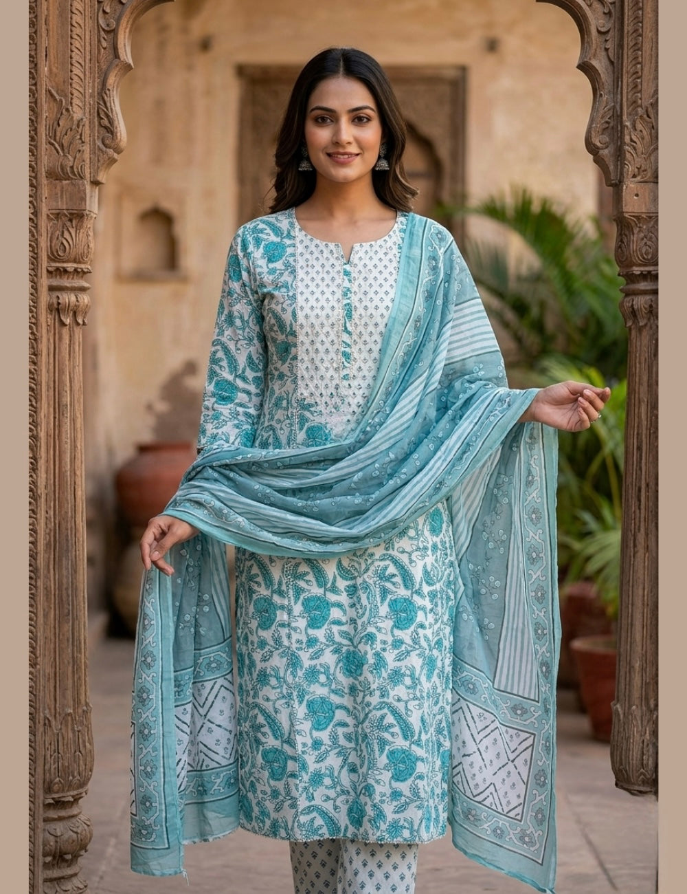 Hand Block Printed Cotton Unstitched Salwar - White