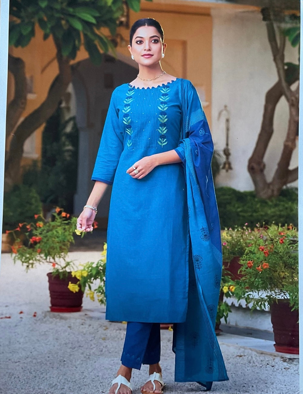 Cotton Floral Embroidered Designer Unstitched salwar - Blue