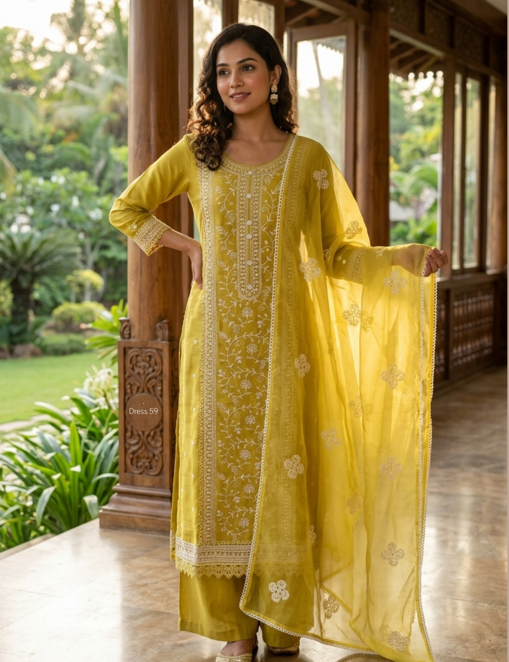 Muslin Silk Designer Unstitched Salwar - Dark lime green