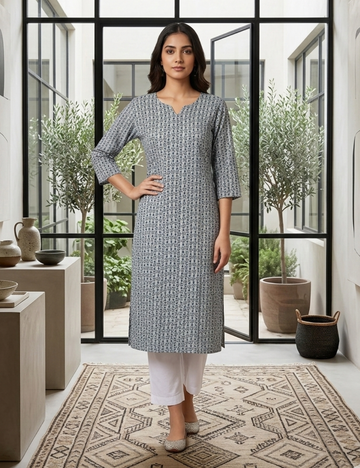 Printed Muslin Silk Straight Cut Kurta - Grey
