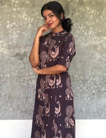 Printed Cotton Aline Casual Wear Kurta Set - Brown