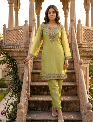 Sopft Crushed Tissue Silk Designer Coord Set - Light Green