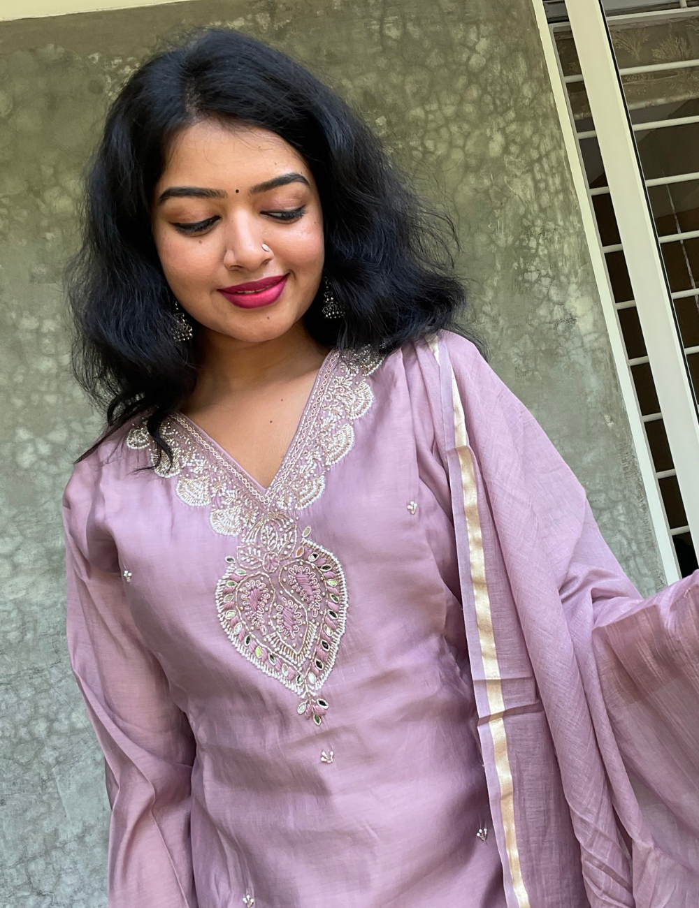 Roman Silk Embellished Designer Kurta Set with Mul Chanderi Dupatta - Lilac