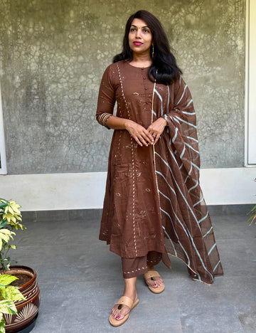 Gota Worked Cotton Aline Kurta Set with Kota Dupatta - Brown